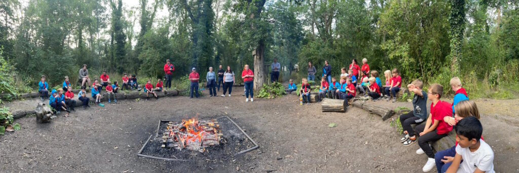 Beavers from River and Woodland Colonies singing songs around the camp fire.